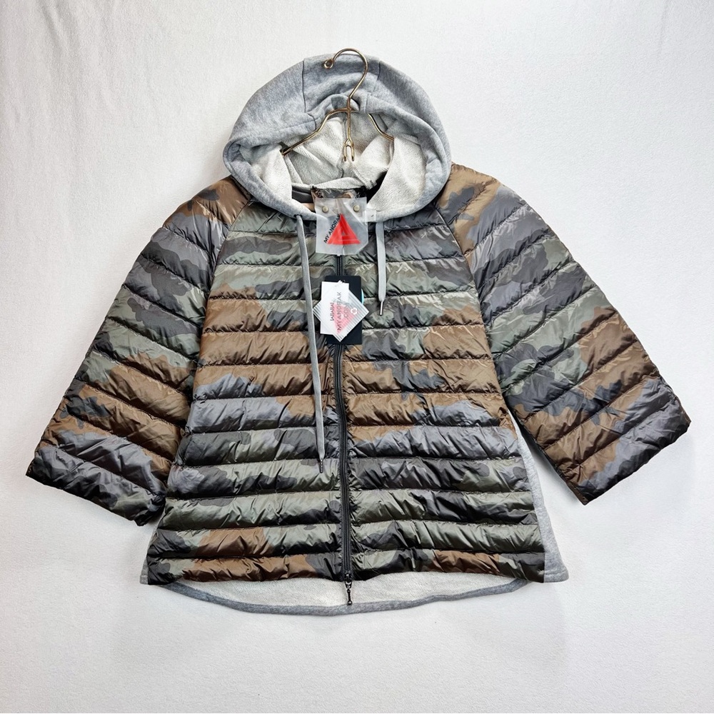 ANORAK Hooded Flare Jacket Size Large Camo Duck Down Quilted Zip Front NWT
